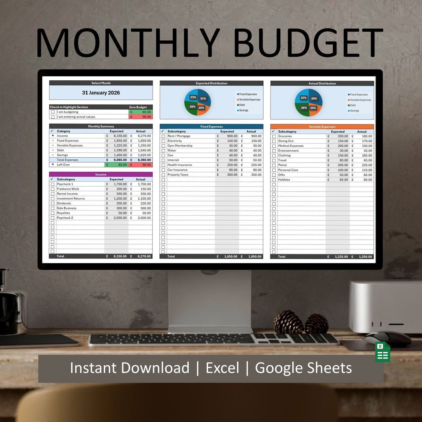 Monthly Budget Tracker Spreadsheet - Excel & Google Sheets