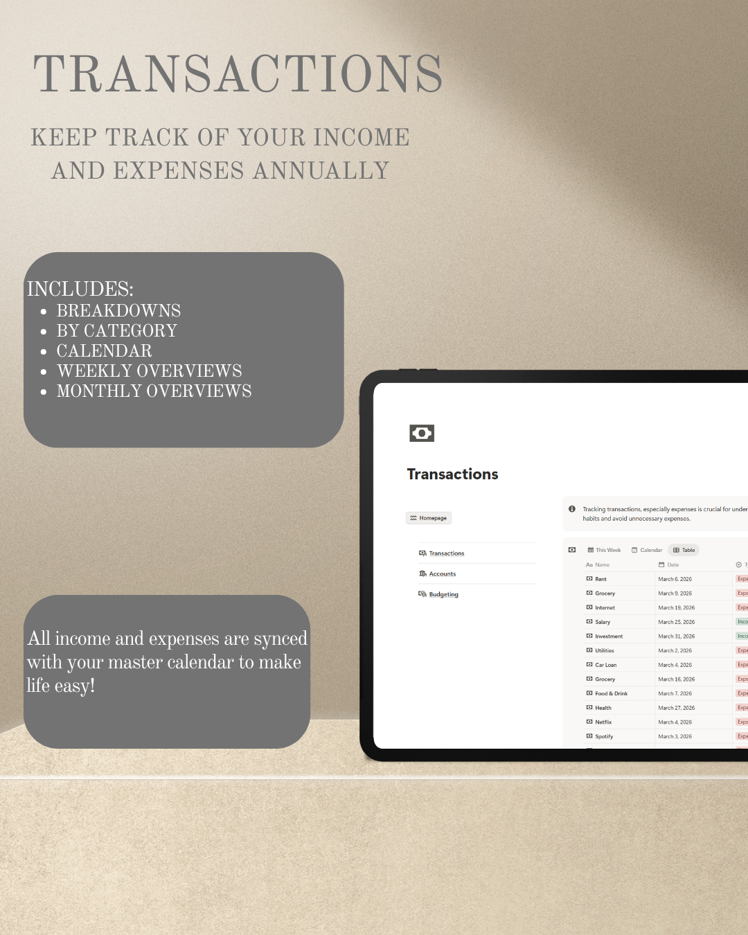 Notion Budget Tracker Template - Monthly Expense & Personal Finance Dashboard